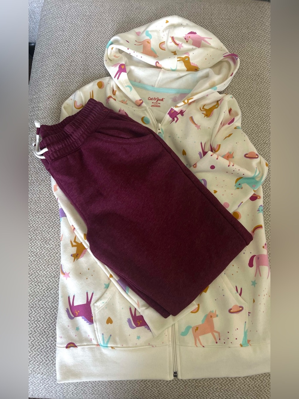 Cat & Jack  unicorn zip hoodie and Maroon Jogger Pants with White Drawstring